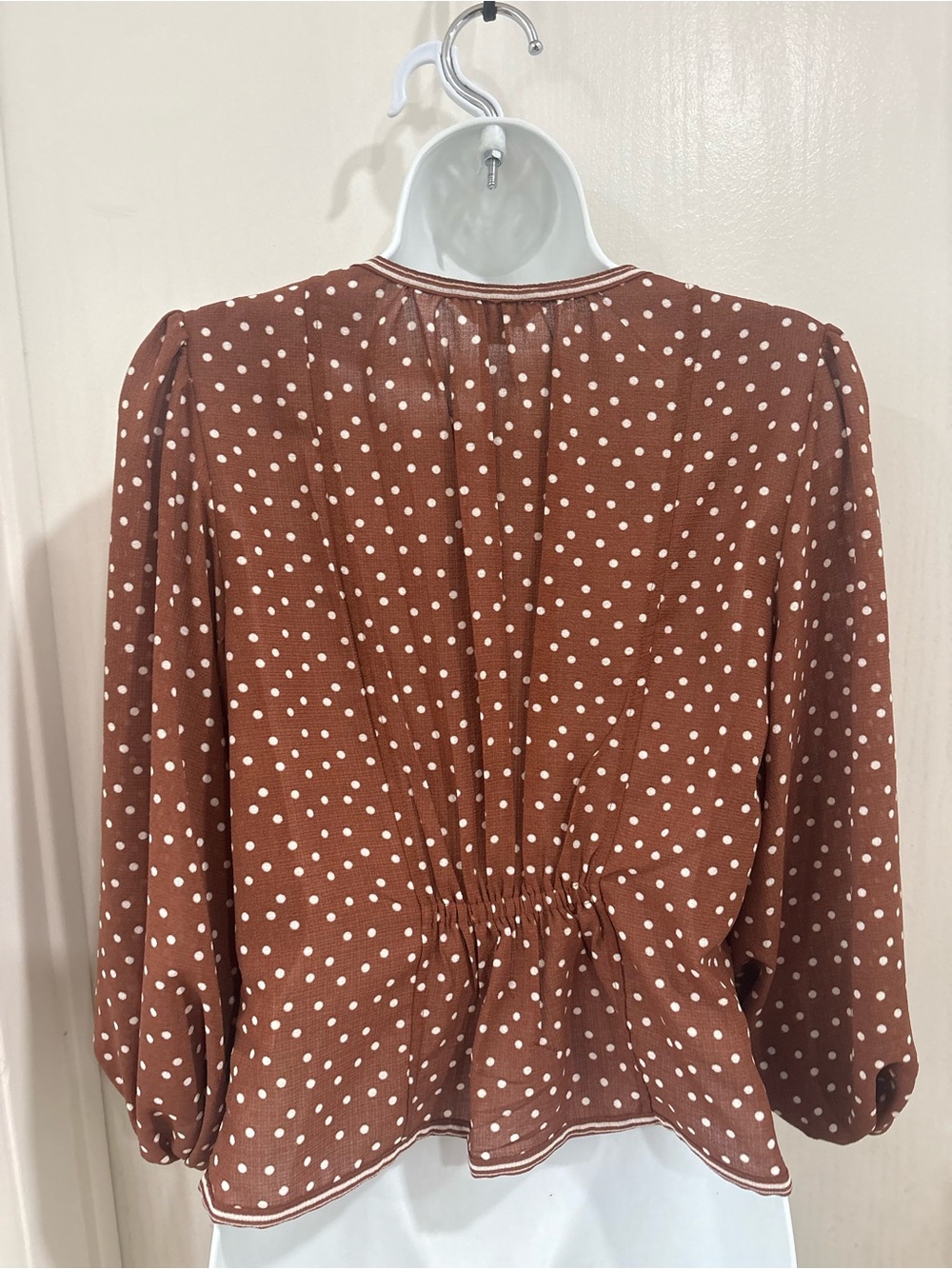 Max Studio Brown and White Polka Dot Long-Sleeve Peplum Blouse - Picture 5 of 6